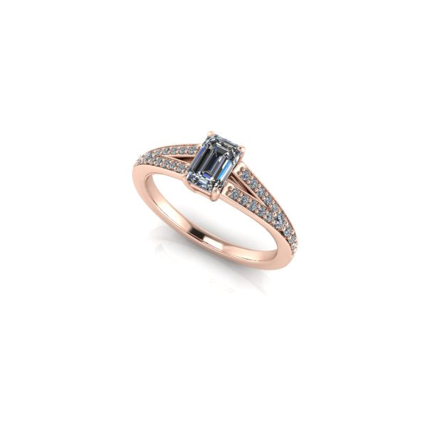 Bague solitaire diamant meraude avec split et pavage or rose (AL011E)