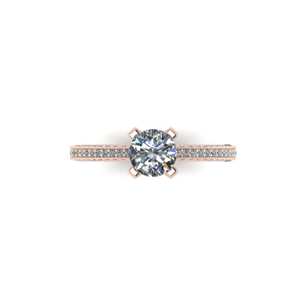 Bague solitaire diamant rond avec pavage et griffes pavées or rose (AL020R)