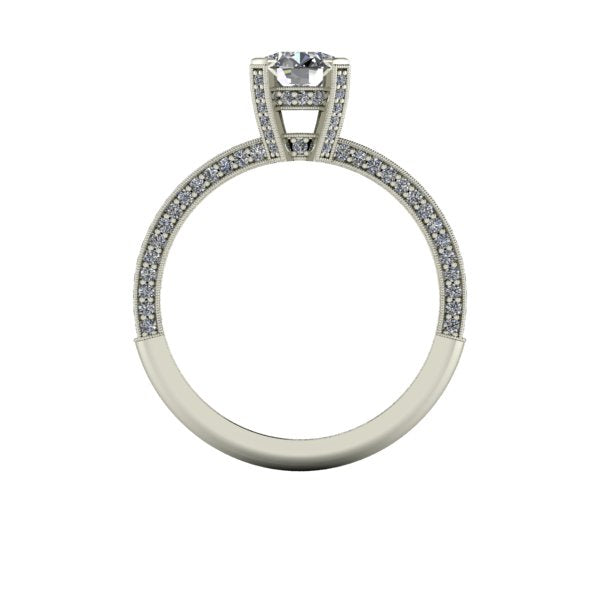 Bague solitaire diamant rond avec pavage et griffes pavées or blanc (AL020R)