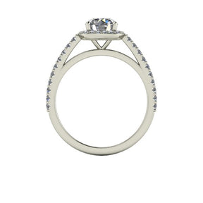 Bague diamant rond avec entourage forme coussin et pavage or blanc (AL004)