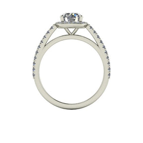 Bague diamant rond avec entourage forme coussin et pavage or blanc (AL004)