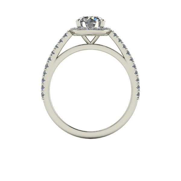 Bague diamant rond avec entourage forme coussin et pavage or blanc (AL004)