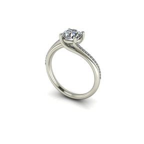Bague solitaire asymétrique diamant rond avec pavage or blanc (AL010R)