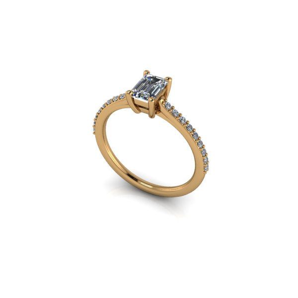Bague solitaire serti griffe diamant émeraude avec pavage monture cathédrale or jaune (AL000E)