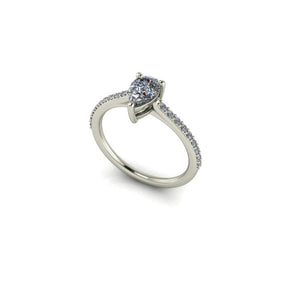 Bague solitaire serti griffe diamant poire avec pavage monture cathédrale or blanc (AL000P)
