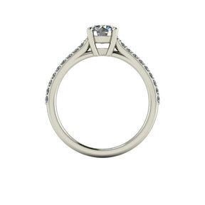 Bague solitaire serti griffe diamant rond avec pavage monture cathédrale or blanc (AL000R)