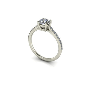 Bague solitaire serti griffe diamant rond avec pavage monture cathédrale or blanc (AL000R)