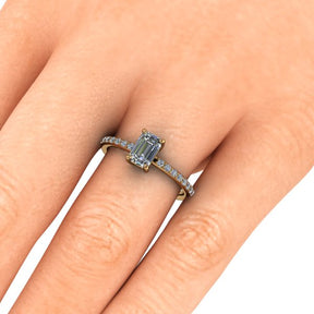 Bague solitaire diamant émeraude avec pavage or jaune (AL002E)