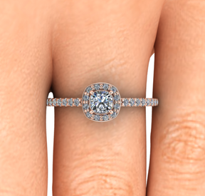 Bague diamant rond avec entourage forme coussin et pavage or rose (AL004)