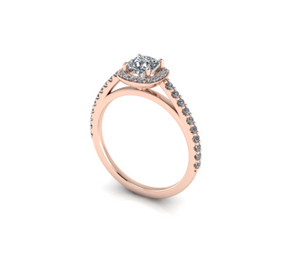 Bague diamant rond avec entourage forme coussin et pavage or rose (AL004)