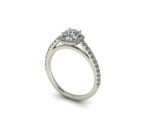 Bague solitaire diamant coussin avec entourage et pavage or blanc (AL003C)