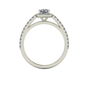 Bague solitaire diamant coussin avec entourage et pavage or blanc (AL003C)