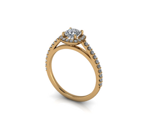 Bague solitaire diamant coussin avec entourage et pavage or jaune (AL003C)