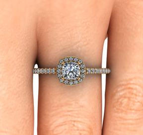 Bague solitaire diamant coussin avec entourage et pavage or jaune (AL003C)