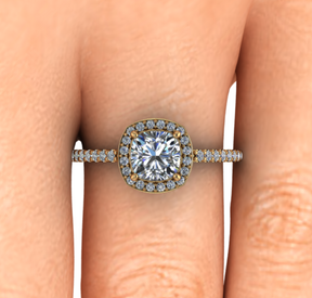 Bague diamant rond avec entourage forme coussin et pavage or jaune (AL004)