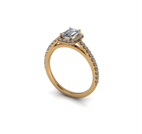 Bague solitaire diamant émeraude avec entourage et pavage or jaune (AL003E)