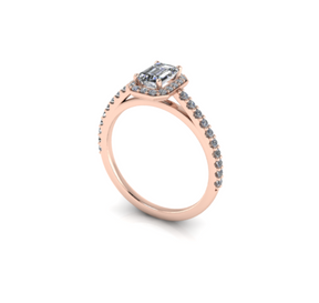 Bague solitaire diamant émeraude avec entourage et pavage or rose (AL003E)