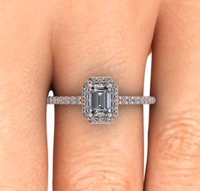 Bague solitaire diamant émeraude avec entourage et pavage or rose (AL003E)