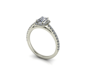 Bague solitaire diamant émeraude avec entourage et pavage or blanc (AL003E)
