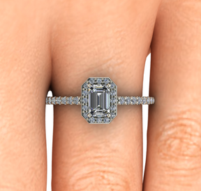 Bague solitaire diamant émeraude avec entourage et pavage or blanc (AL003E)
