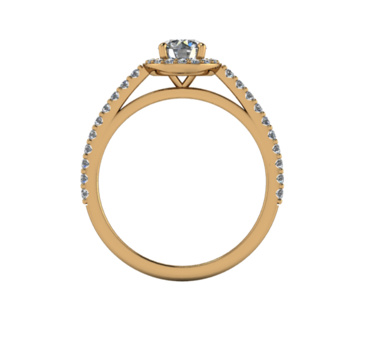 Bague diamant rond avec entourage forme coussin et pavage or jaune (AL004)