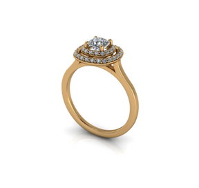 Bague solitaire diamant coussin à double entourage or jaune (AL005C)