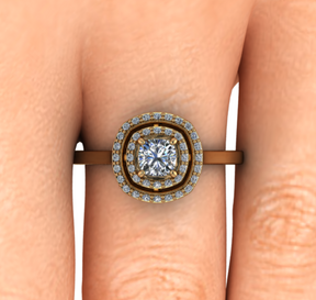 Bague solitaire diamant coussin à double entourage or jaune (AL005C)