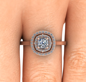 Bague solitaire diamant coussin à double entourage or rose (AL005C)