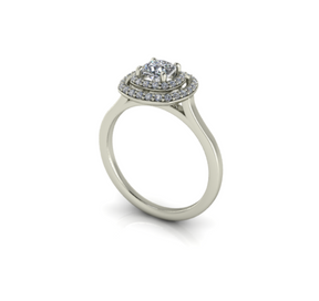 Bague solitaire diamant coussin à double entourage or blanc (AL005C)