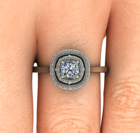 Bague solitaire diamant coussin à double entourage or blanc (AL005C)