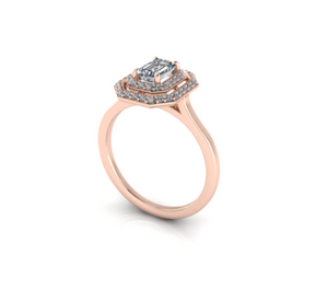 Bague solitaire diamant émeraude à double entourage or rose (AL005E)