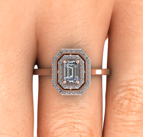 Bague solitaire diamant émeraude à double entourage or rose (AL005E)
