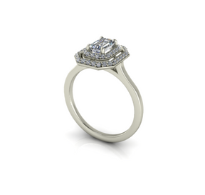 Bague solitaire diamant émeraude à double entourage or blanc (AL005E)