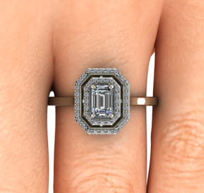 Bague solitaire diamant émeraude à double entourage or blanc (AL005E)