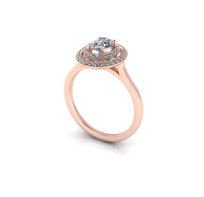 Bague solitaire diamant ovale à double entourage or rose (AL005O)