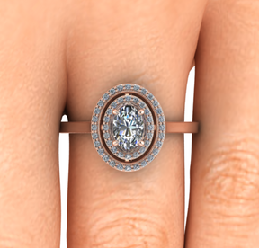 Bague solitaire diamant ovale à double entourage or rose (AL005O)