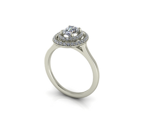 Bague solitaire diamant ovale à double entourage or blanc (AL005O)