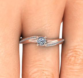 Bague solitaire asymétrique diamant coussin avec pavage or rose (AL010P)