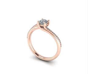 Bague solitaire asymétrique diamant coussin avec pavage or rose (AL010P)
