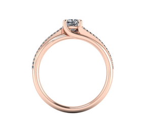 Bague solitaire asymétrique diamant coussin avec pavage or rose (AL010P)