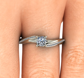 Bague solitaire asymétrique diamant coussin avec pavage or blanc (AL010C)