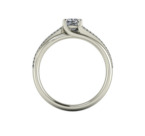 Bague solitaire asymétrique diamant coussin avec pavage or blanc (AL010C)