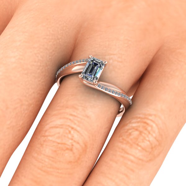Bague solitaire asymétrique diamant émeraude avec pavage or rose (AL010E)