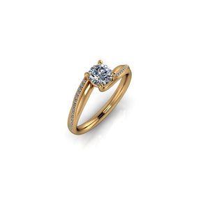 Bague solitaire asymétrique diamant rond avec pavage or jaune (AL010R)