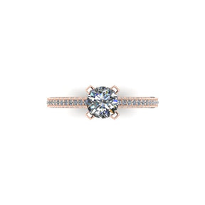 Bague solitaire diamant rond avec pavage et griffes pavées or rose (AL020R)